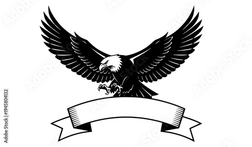 Majestic flying eagle silhouette with spread wings and blank ribbon banner black emblem vector