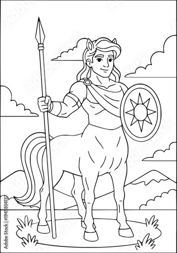 Centaur coloring page with a brave mythological warrior in a mountain landscape