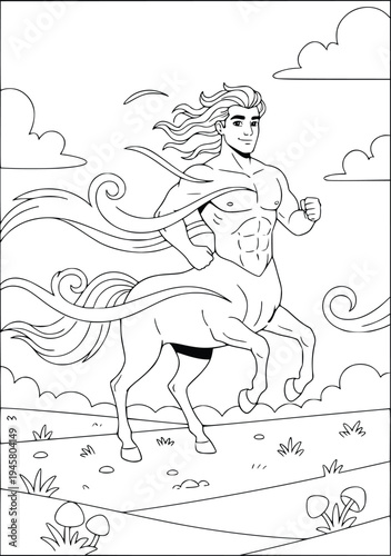 Centaur coloring page with a strong mythological hero running in a field