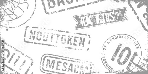 Assorted grey distressed postage stamps with text and numbers on white background