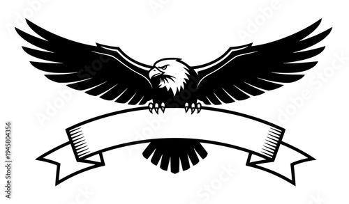 Bold eagle emblem with spread wings and ribbon banner black silhouette bird logo vector design