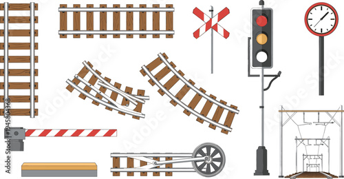 Railway Infrastructure Icon Set Featuring Train Tracks, Crossing Signal, Traffic Light, Barrier Gate, Station Clock, and Rail Equipment for Transport Design