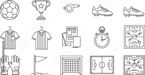 Soccer Football Line Icon Set Featuring Ball, Trophy, Whistle, Cleats, Jersey, Goal, Referee Card, and Strategy Field Diagram for Sports Design