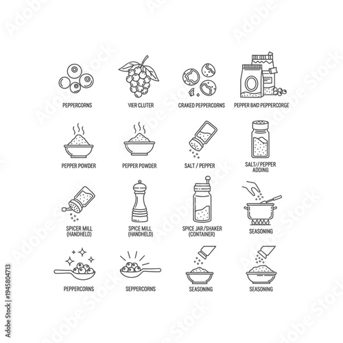 A collection of black and white drawings of peppercorns and pepper related objects