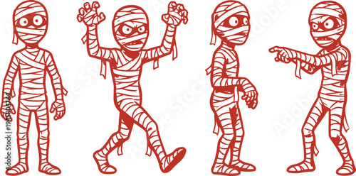 Hand Drawn Mummy Character Set Vector Illustration, Halloween Mummy Monster Sketch Collection.