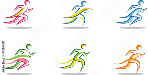 Colorful abstract running figures dynamic motion silhouettes, athletic sports artwork illustration, fitness energy design concept, marathon training exercise health lifestyle graphic