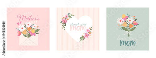 Lovely hand drawn Mother's Day designs, cute flowers and handwriting - great for cards, invitations, gifts, banners - vector designs