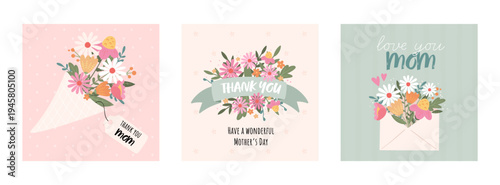 Lovely hand drawn Mother's Day designs, cute flowers and handwriting - great for cards, invitations, gifts, banners - vector designs
