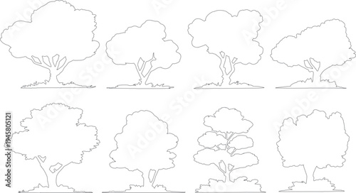 Eight stylized tree outlines with bushy foliage and visible trunks set against a white background silhouette
