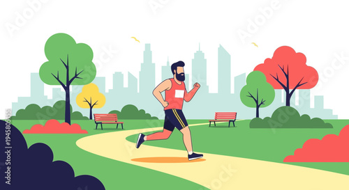 Bearded Man Jogging in Urban Park with City Skyline