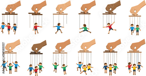 Puppet Control and Manipulation Concept Illustration Set with Hand Controlling Children Marionette Characters Influence Power Symbol