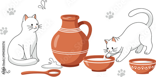 Cute Cat with Milk Bowl and Jug Illustration Featuring Adorable Kitty Pets Drinking Milk for Pet Care, Animal Lover, and Domestic Cat Design