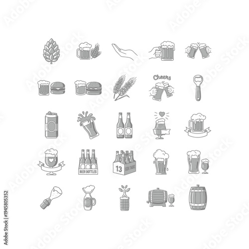 A collection of beer icons and symbols in grayscale