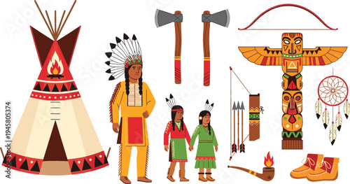Native American Culture Icon Set Featuring Teepee Tent, Traditional Clothing, Totem Pole, Dreamcatcher, Tomahawk Axe, Bow and Arrows, and Tribal Symbols