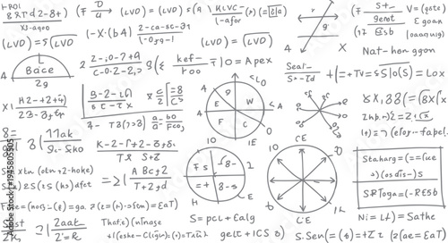 Handwritten mathematical equations and diagrams on a white background with grey ink mathematics formula