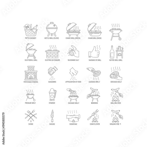 A collection of black and white icons of different types of grills and grill accessories