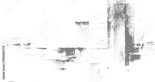 Faded newspaper text fragments and grey ink smudges on white background print smudged
