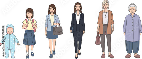 Female life stages from baby to elderly woman character development timeline cartoon vector illustration set