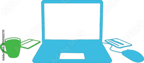 Blue laptop with white screen flanked by green coffee mug and mouse