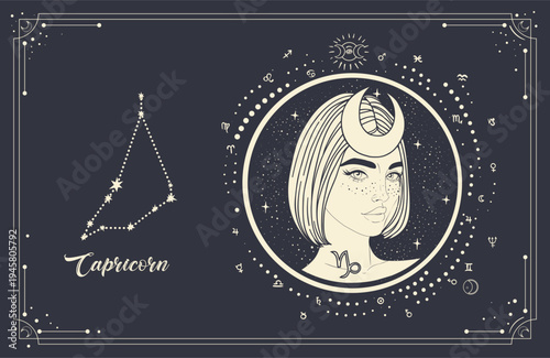 Vector line art of Capricorn zodiac woman with sacred geometry and star chart. Mystical astrology illustration inspired by cosmic order, horoscope symbolism and modern spiritual traditions.