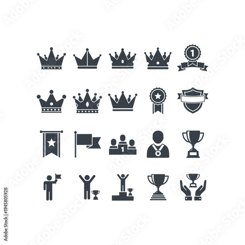 Collection of black and white icons for winners and champions