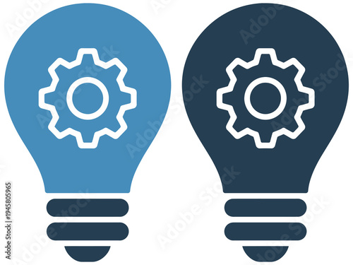 Lightbulb and gear icon set, featuring two bulbs with internal gears, symbolizing smart solutions, innovation, creative thinking, and technical design in vector format for digital and print projects.