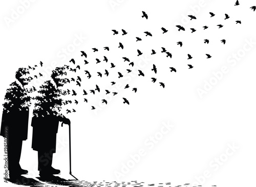 Conceptual silhouette of an elderly man with walking stick turning into flying birds representing memory loss dementia and alzheimers disease,