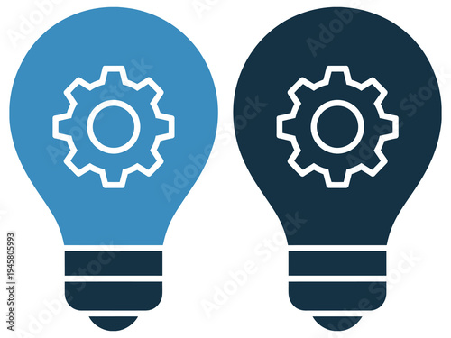 Two lightbulb icons with gears inside, vector illustrations representing innovation, ideas, problem-solving, creativity, and engineering or technical concepts for apps, websites, and business 