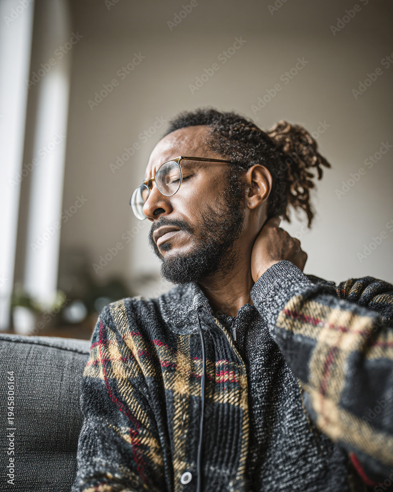 Fototapeta premium A man with glasses and dreadlocks sitting on a couch, holding his neck with a pained expression, wearing a patterned sweater in a softly lit room.