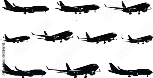 Airplane Silhouettes Vector Collection: Diverse Commercial Aircraft Designs for Travel, Aviation, Logistics, and Global Transportation Concepts