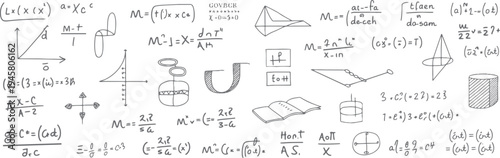 Hand drawn mathematical equations and geometric shapes on a white background mathematics formula 1 calculation