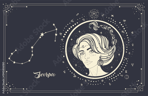Vector line art of Scorpio zodiac woman with sacred geometry and celestial star map. Dark mystical astrology illustration inspired by transformation, horoscope symbolism and new age magic.