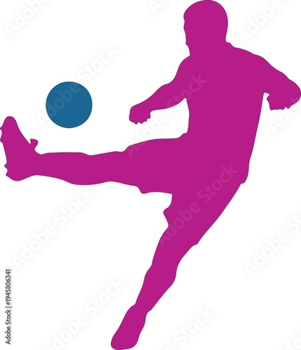 Silhouette of soccer player kicking a blue ball on white background
