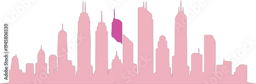 Silhouettes of pink city skyline with purple building highlight
