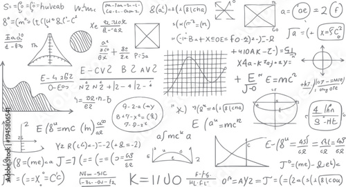 Hand drawn physics and math equations and graphs on white background science formula