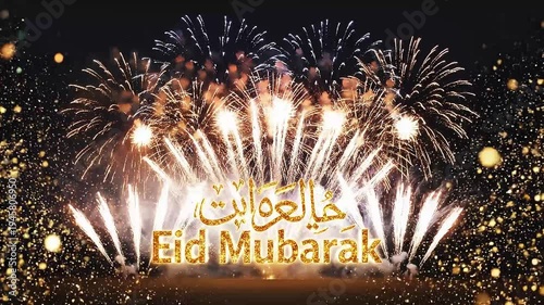 Fireworks display with Eid Mubarak text in Arabic and English at night