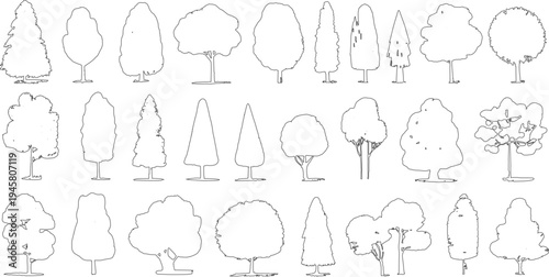 Collection of various deciduous and coniferous tree outlines in black and white silhouette