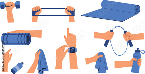 Home fitness workout equipment collection with dumbbell resistance band jump rope yoga mat smartwatch vector illustration set