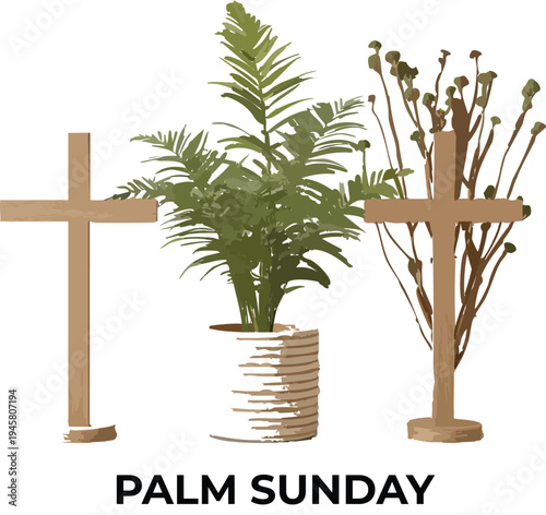 Palm sunday celebration with crosses and potted plant