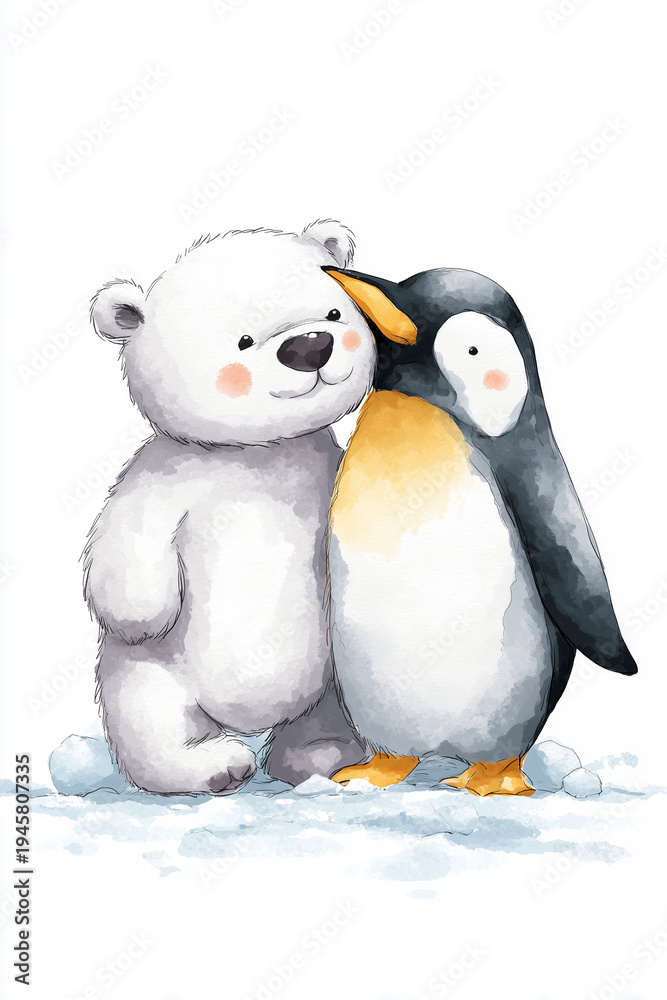 Fototapeta premium White Bear and Penguin Kissing in Snow