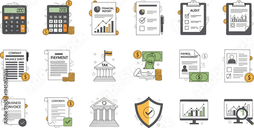 Accounting and Financial Management Icons Set with Audit Tax Invoice Balance Sheet and Business Report Vector