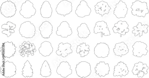 Collection of black and white line tree silhouettes with varied shapes and foliage detail view outline