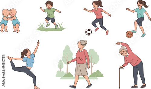 Human life stages activities collection from babies kids adults to elderly lifestyle cartoon vector illustration set