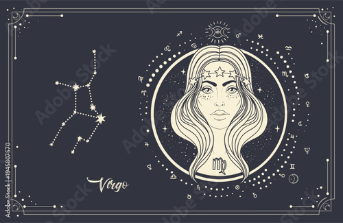 Vector line art of Virgo zodiac woman with sacred geometry and star chart. Elegant mystical astrology illustration inspired by horoscope symbolism, cosmic harmony and modern spiritual practices.