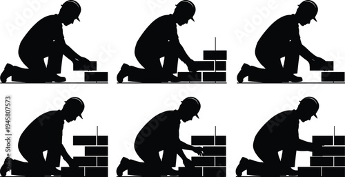 Silhouette construction worker laying bricks, masonry labor process illustration, industrial building teamwork concept