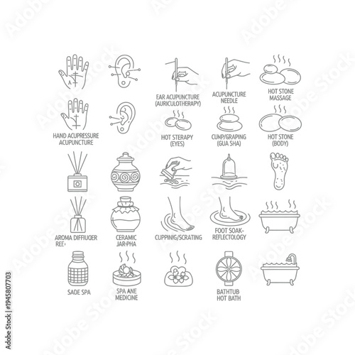 Various methods of relaxation and therapy are shown