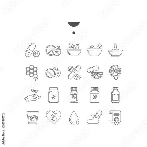 A collection of black and white icons related to natural health and wellness products
