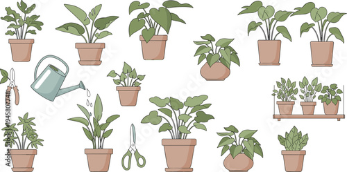 Indoor houseplants care collection with potted plants watering can pruning tools home gardening vector illustration set
