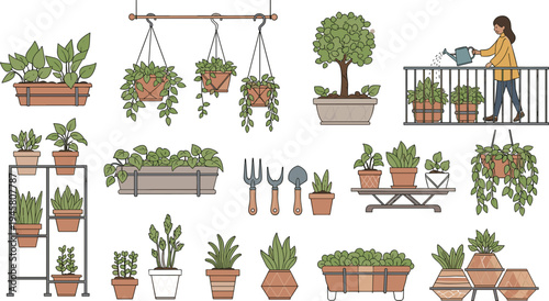 Indoor houseplants and home gardening collection with potted plants hanging planters watering tools vector illustration set