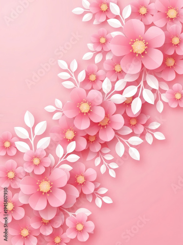 Paper-Cut Cherry Blossoms on Pastel Pink Background. Perfect for Romantic Wedding Invitations, Spring Greeting Cards and Social Media Aesthetic Backgrounds.